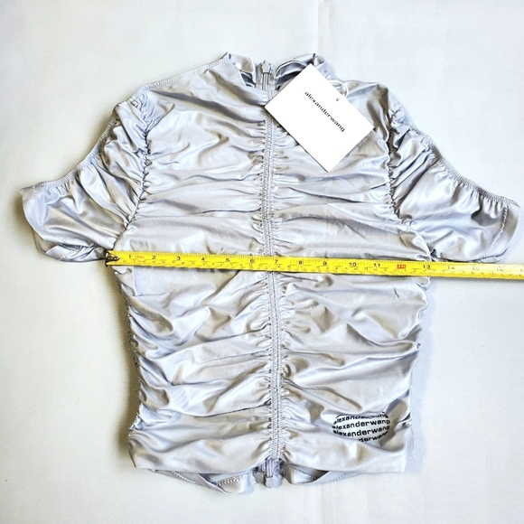 NWT$350 Alexander Wang Ruched Mock Neck Logo Silver Fox Crop Top Back Zip Sz XS - Picture 13 of 15